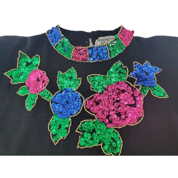 Vintage 80s 90s Sweater Black Medium Jewels Colorful Sequins Embellished Bling - Picture 3 of 5